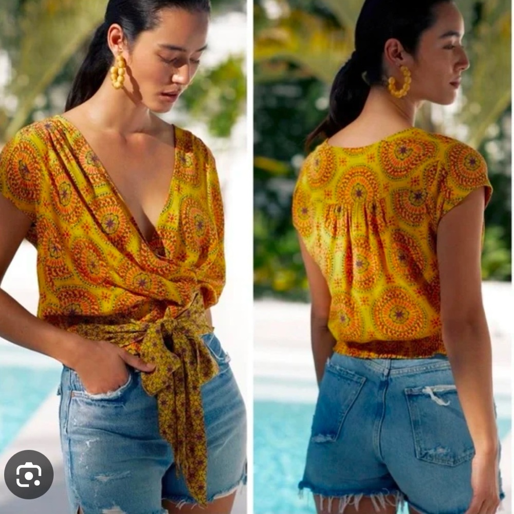 Anthropologie Maeve Cap Sleeve Wrap Top Mixed Media Yellow Printed Blouse, Sz S